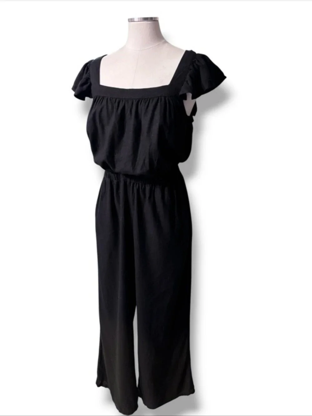 H&M Black Linen Blend Ruffle Strap Jumpsuit Size MediumLoose-fit,